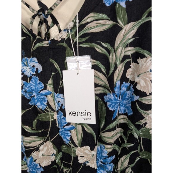 Kensie Jeans Tie Back Linen Blend Jumpsuit In Hibiscus Sky Combo Large - Picture 14 of 15